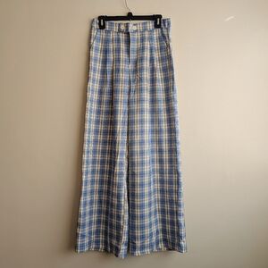 Forever 21 Powder Blue Plaid Pleated Wide Leg High Rise Trousers Scandi Cutesy